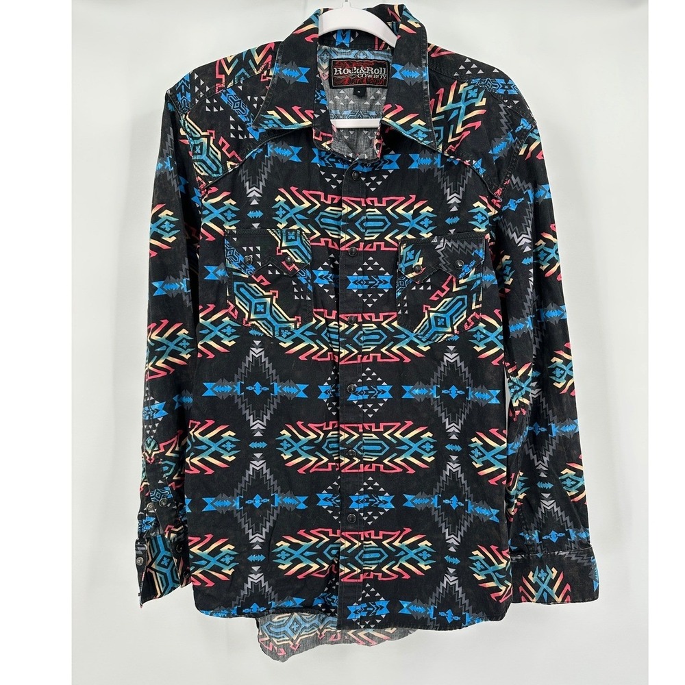 Rock and Roll Cowboy Mens Southwestern Neon Shirt Size‎ M Aztec Western Snap